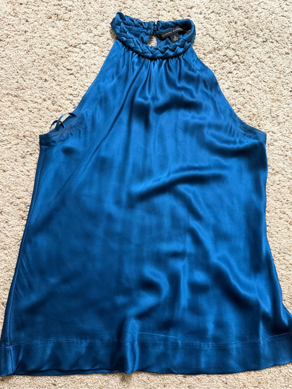 2000s Banana Republic 100% Silk Teal Blue Braided-Neck Top Size 8